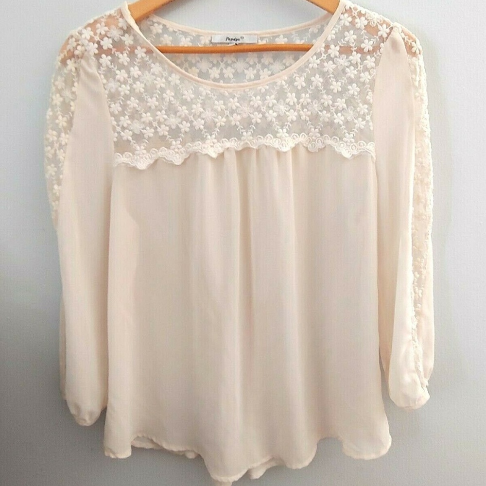 Papaya Beige Lace Top Long Sleeve